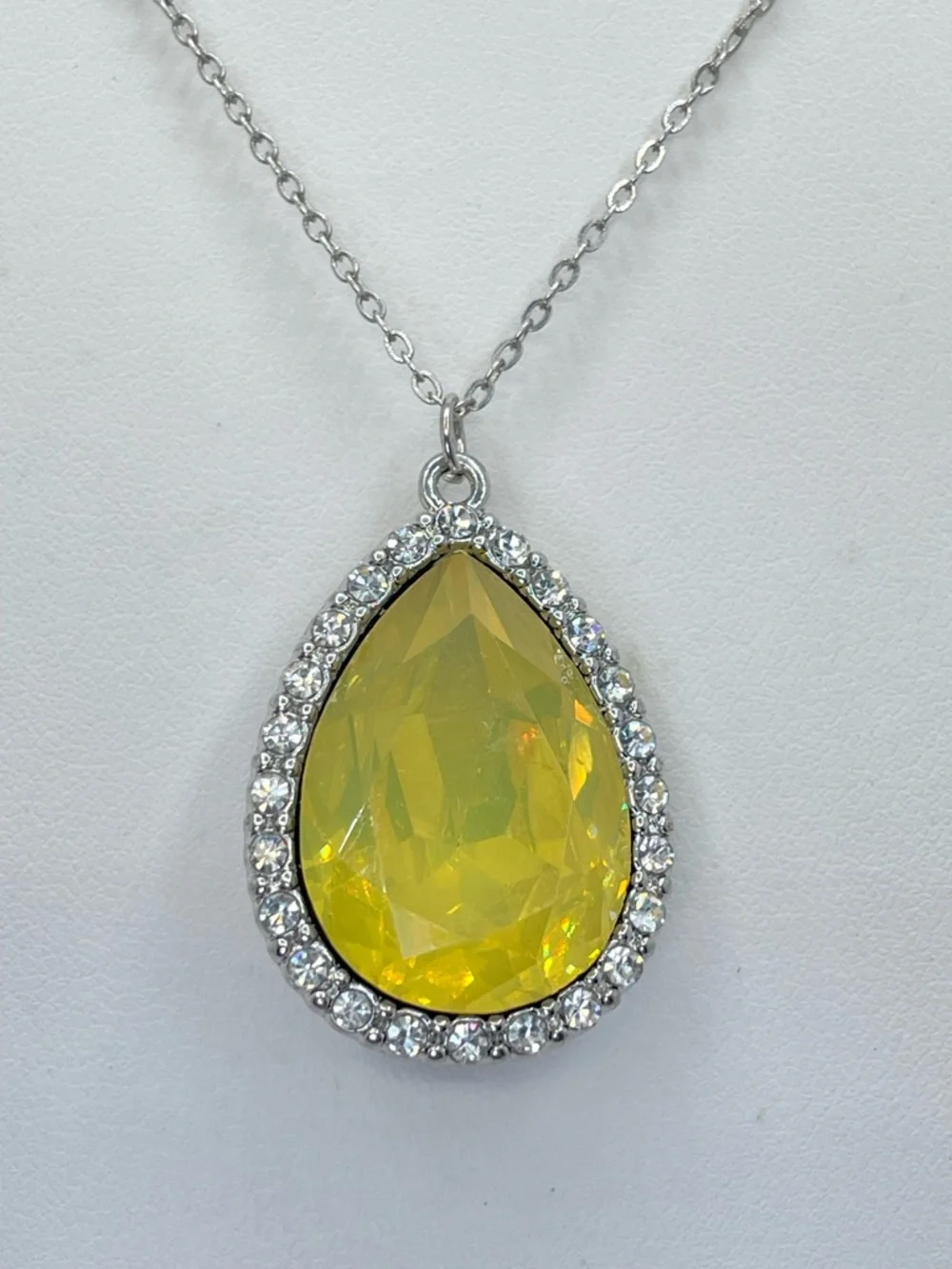 Yellow Crystal Teardrop Pendant Necklace Silver Tone Halo Dainty